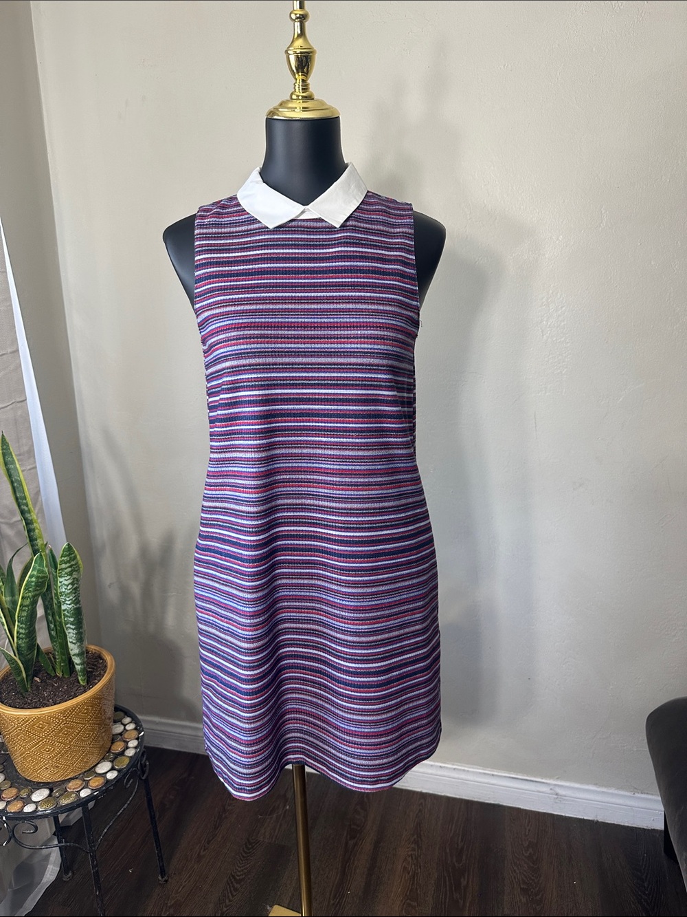 Zara Sleeveless Striped Knit Mini Dress with White Collar